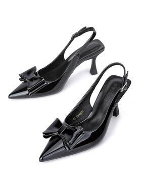 Women's Closed Square Toe PU Leather Kitten Heels Bow Slingback Pumps
